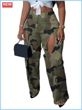 High Waisted Camo Cargo Pants Hollow Out Straight Leg
